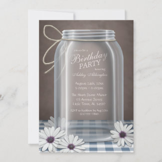 Country Mason Jar Blue Gingham Birthday Party Einladung