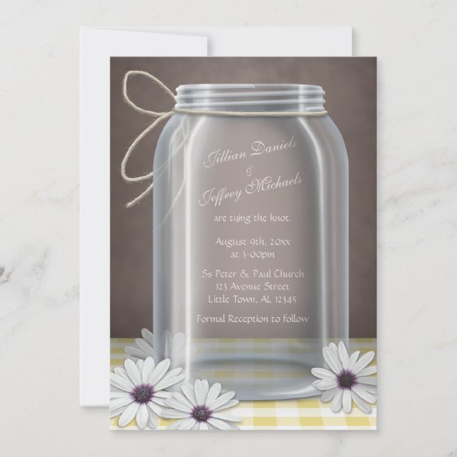 Country Mason Jar Daisy Yellow Brown Wedding Einladung (Vorderseite)