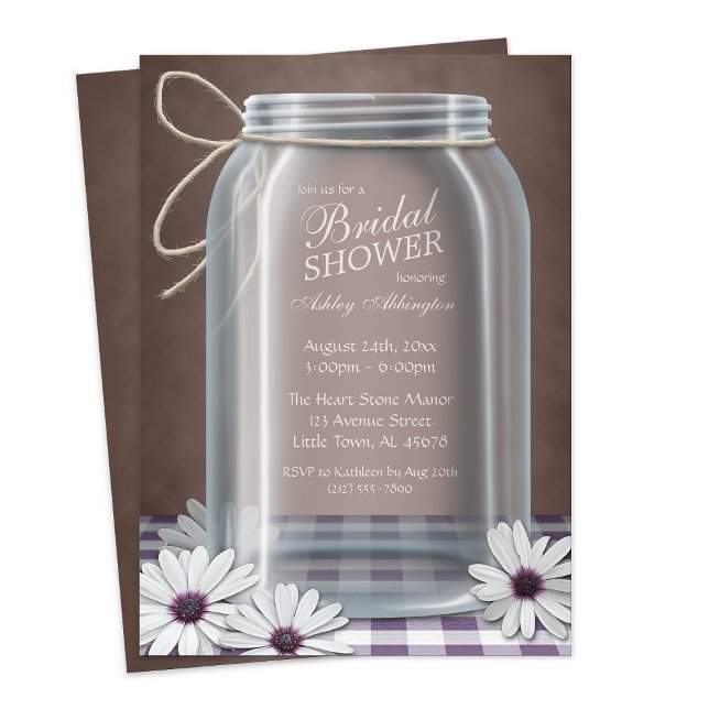 Country Mason Jar Lila Gingham Brautparty Einladung (Country Mason Jar Purple Gingham Bridal Shower Invitation from Starzraven. Downloadable evite, too.)