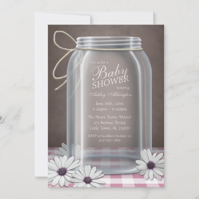 Country Mason Jar Pink Gingham Baby Dusche Einladung (Vorderseite)