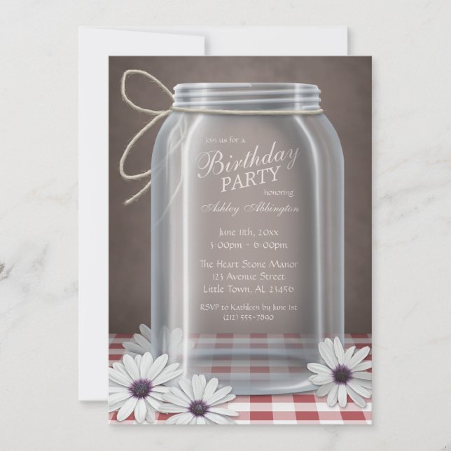 Country Mason Jar Red Gingham Birthday Party Einladung (Vorderseite)