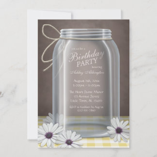 Country Mason Jar Yellow Gingham Birthday Party Einladung