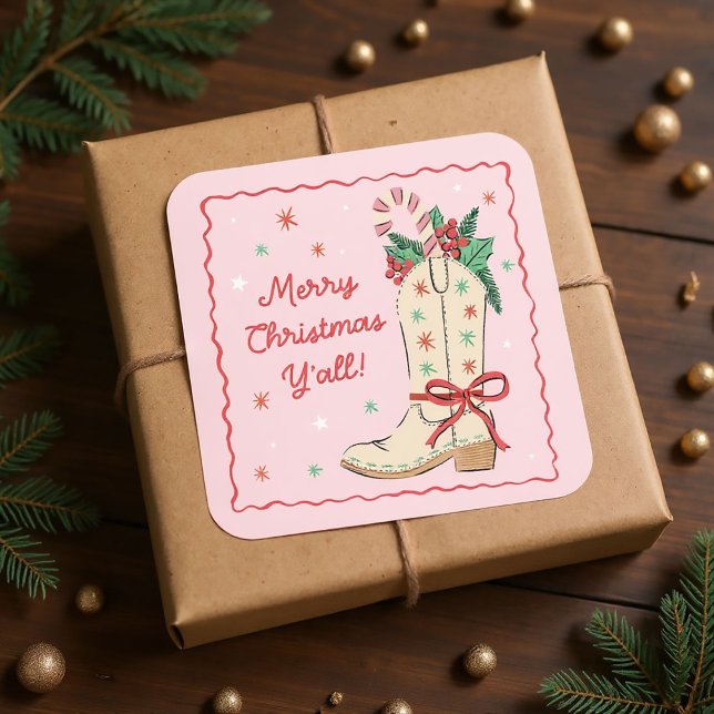 Country Merry Christmas Y'all Cowboy Boot  Quadratischer Aufkleber ("merry Christmas y'all" gift stickers with hand-drawn cowboy boot)