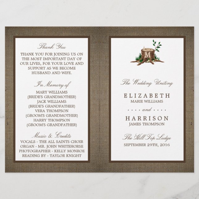 Country Monogram Tree & Burlap Wedding Programm (Vorderseite)