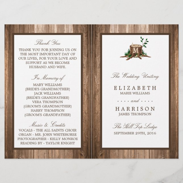 Country Monogram Tree & Wood Wedding Program (Vorderseite)