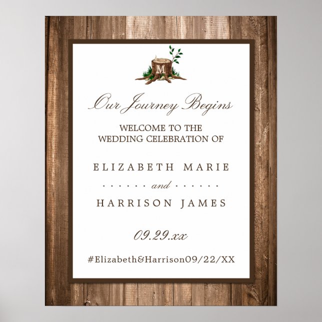 Country Monogram Tree & Wood Wedding Willkommen Poster (Vorne)
