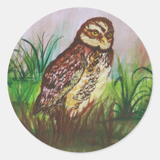 Country Owl in nature watercolor art Runder Aufkleber (Vorderseite)