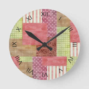 Country Patchwork Chic Pattern Quilblocks Runde Wanduhr