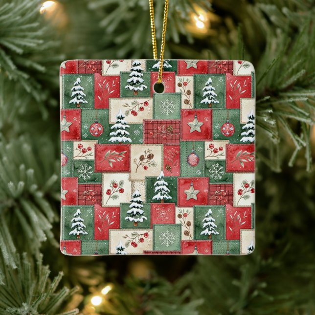 Country patchwork christmas pattern keramikornament (Baum)