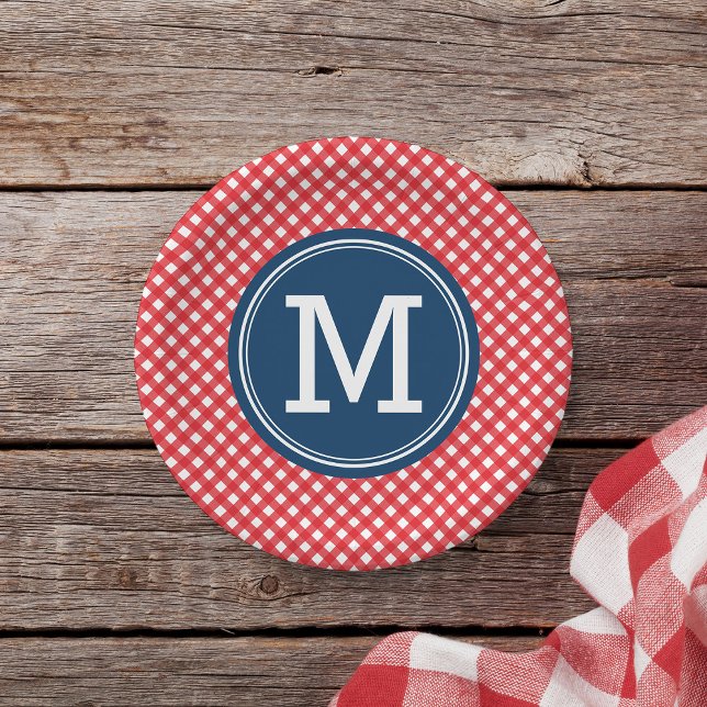 Country Picnic Red Gingham Personalize Monogram Pappteller (Von Creator hochgeladen)