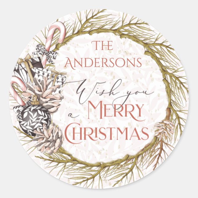 Country Pine Candy Cane Frohe Weihnachten Runder Aufkleber (Vorderseite)