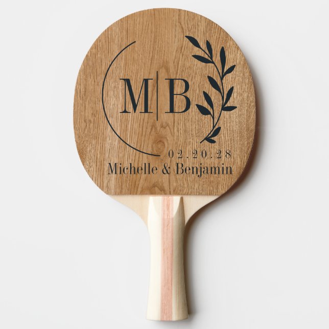 Country Pine Wood Leaf Wedding Monogram Tischtennis Schläger (Rückseite)