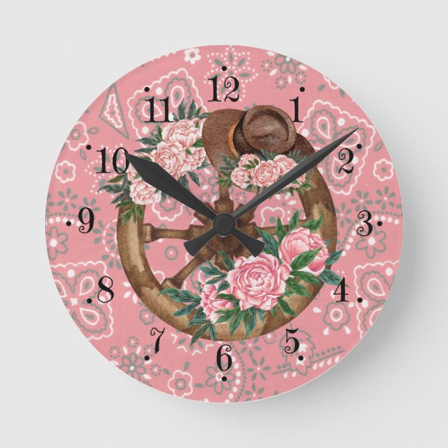 Country Pink Flower Hat Wagon Wheel Wall Clock Runde Wanduhr (Vorderseite)