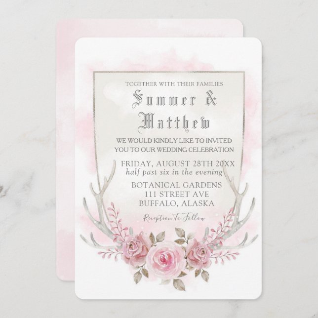 Country Pink Gray Watercolor Peony Antlers Wedding Einladung (Vorne/Hinten)