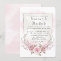Country Pink Gray Watercolor Peony Antlers Wedding