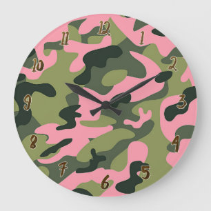 Country Pink Green Army Camouflage Camouflage Must Große Wanduhr
