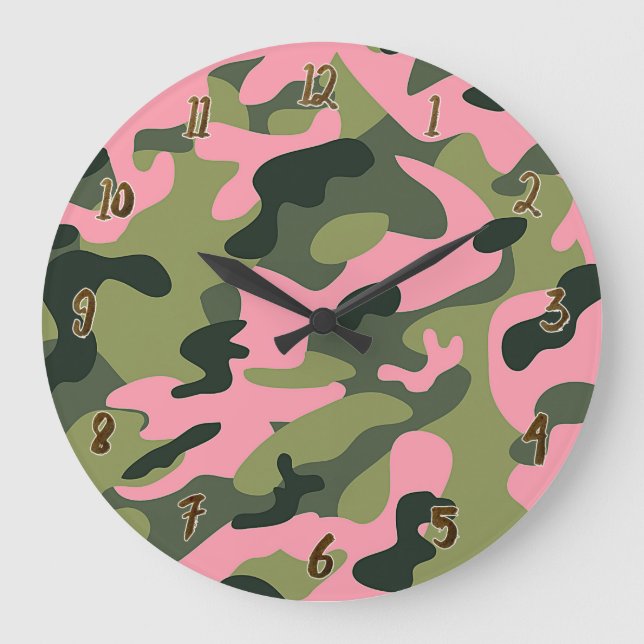 Country Pink Green Army Camouflage Camouflage Must Große Wanduhr (Vorderseite)