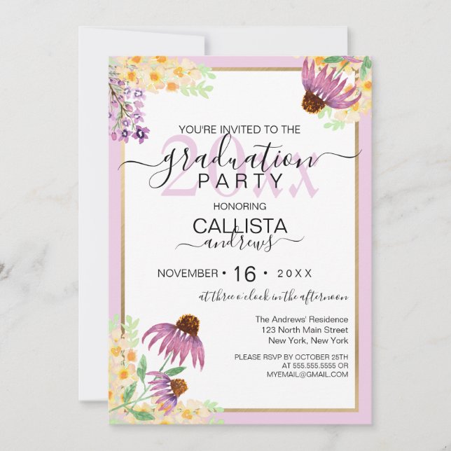 Country Pink Lila Gelb Wilde Blume Abschluss Einladung (Vorderseite)