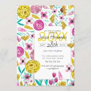 Country Pink Yellow Floral Watercolor Abschluss Einladung
