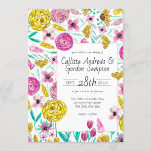 Country Pink Yellow Floral Watercolor Wedding Einladung
