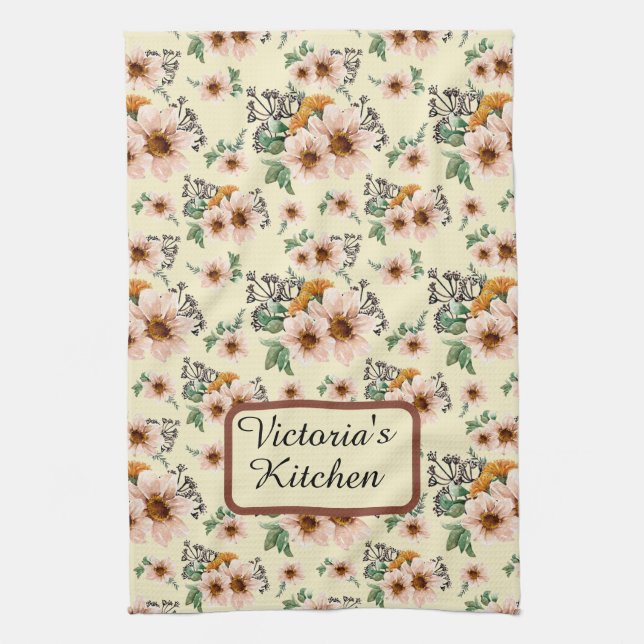 Country Pink, Yellow, Rust Floral Watercolor   Geschirrtuch (Vertikal)
