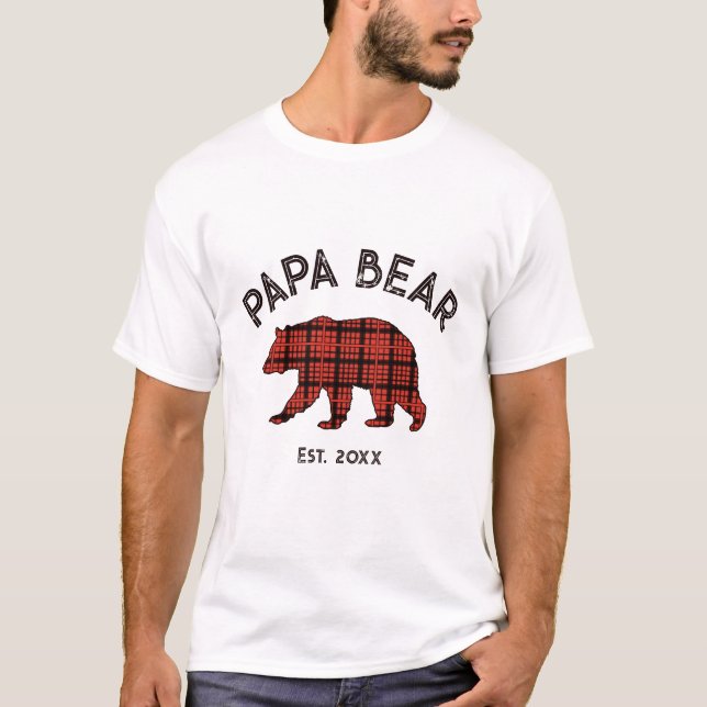 Country Plaid Papa Bear Father Year Est. White T-Shirt (Vorderseite)