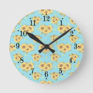 Country Powder Blue Yellow Sunblume Wall Clock Runde Wanduhr
