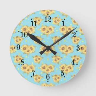 Country Powder Blue Yellow Sunblume Wall Clock Runde Wanduhr