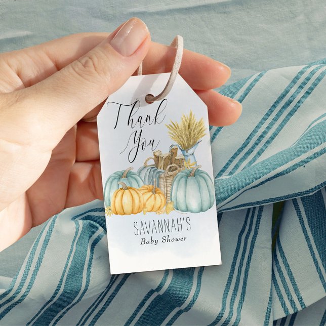 Country Pumpkin Blue Watercolor Vielen Dank Geschenkanhänger (Fall Baby Shower gift tags with Thank You script & rustic style, from my Country Pumpkin collection)