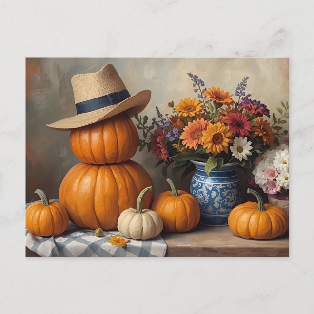 Country Pumpkin Harvest mit Blume Postkarte (Vorderseite)