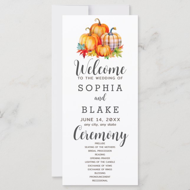 Country Pumpkins Kariert Fall White Wedding Progra (Vorderseite)