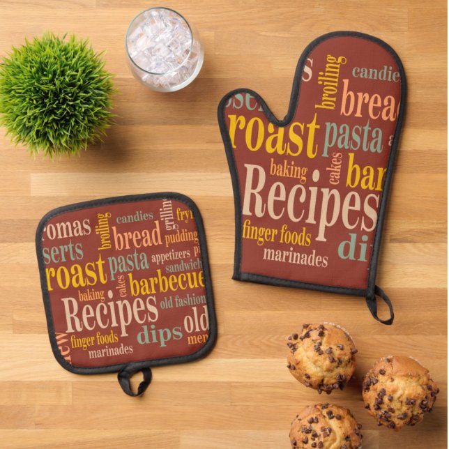 Country Recipe Redewendungen Burnt Umber Ofenhandschuh & Topflappen-Set (Country Recipe Sayings Burnt Umber Oven Mitt & Pot Holder Set)