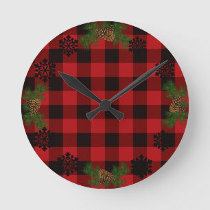 Country red and black plaid pine cone runde wanduhr