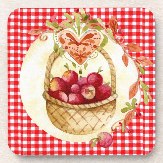 Country Red Gingham mit Fruchtkörbe Set von 6 Getränkeuntersetzer (Vorderseite)