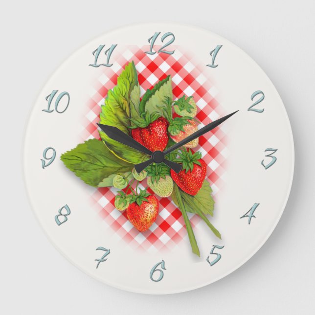 Country Red Gingham und Strawberries Große Wanduhr (Vorderseite)