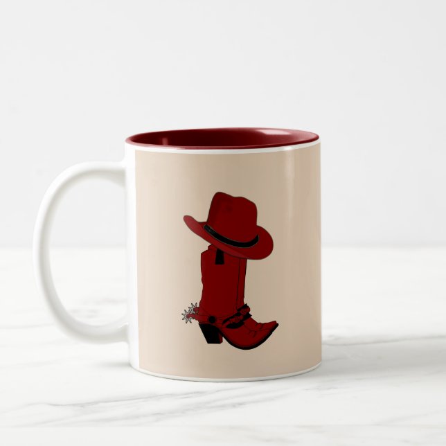 Country Red Hat & Boots auf Beige Zweifarbige Tasse (Links)