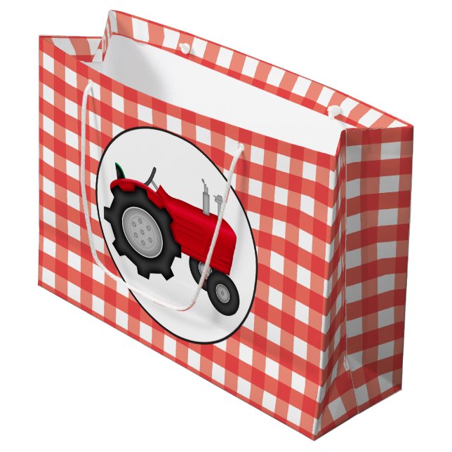 Country Red Traktor Party Gingham Style Tasche Große Geschenktüte (Vorderseite Schrägansicht)