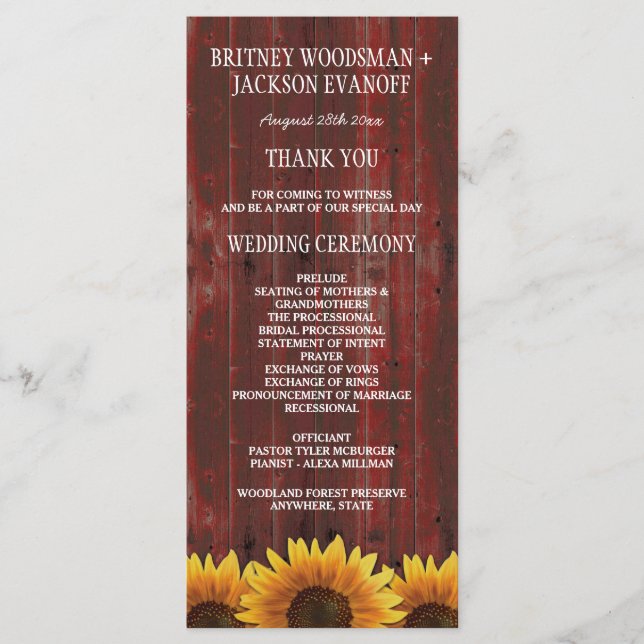 Country Red Wood Rustic Sonnenblumen Hochzeitsprog Programm (Vorderseite)