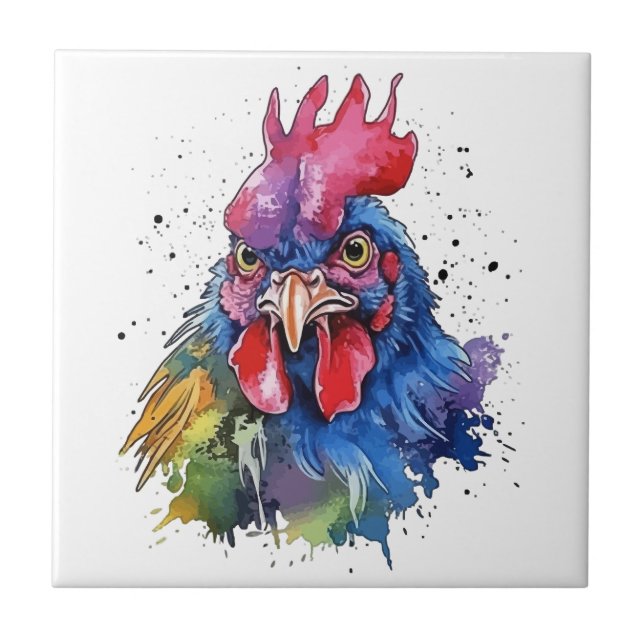 Country Rooster Chicken Watercolor Stil Fliese (Vorderseite)