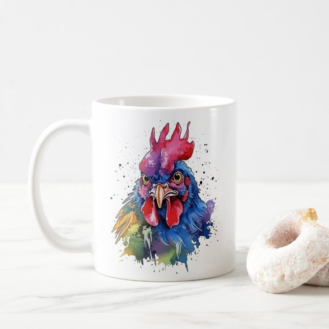 Country Rooster Chicken Watercolor Stil Kaffeetasse (Mit Donut)