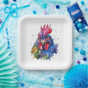 Country Rooster Chicken Watercolor Stil Pappteller