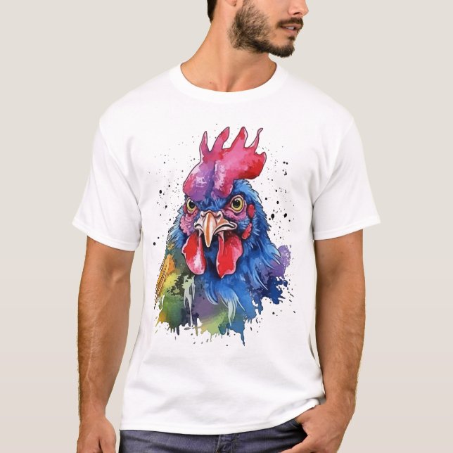 Country Rooster Chicken Watercolor Stil T-Shirt (Vorderseite)