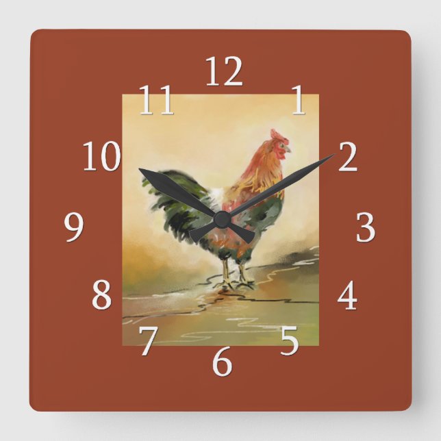 Country Rooster Küche Quadratische Wanduhr (Vorderseite)