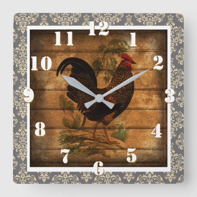 Country Rooster Ornate Rustic and Elegant Damask Quadratische Wanduhr (Vorderseite)
