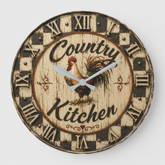 Country Rooster Rustic Farmhouse Kitchen Große Wanduhr (Vorderseite)