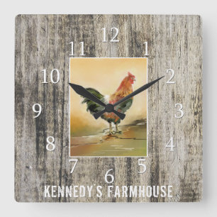 Country Rooster Rustic Wood Farmhouse Family Name Quadratische Wanduhr