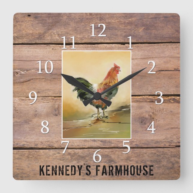 Country Rooster Rustic Woodfarm Familienname Quadratische Wanduhr (Vorderseite)