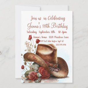 Country Rose, Cowboy Hat, 18. Geburtstag Einladung