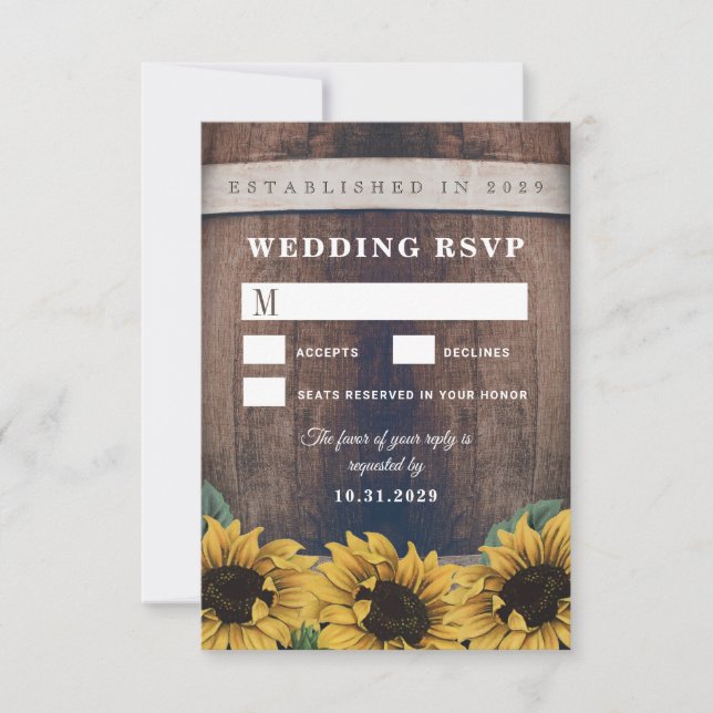 Country Rustic Barrel Sunflower Wedding RSVP Cards Karte (Vorderseite)