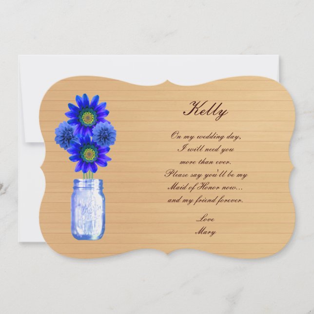 Country Rustic Blue Mason Jar Trauzeugin Card Einladung (Vorderseite)